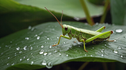 Green Grasshopper on Green Leaf