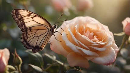Small Butterfly on Blooming Rose