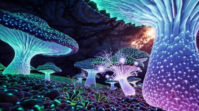 Colorful glowing mushrooms in a surreal landscape at twilight illuminating the night sky with vibrant colors