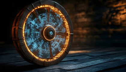 3D render of an old, wooden cartwheel evolving into a high-tech, illuminated digital wheel, showcasing the concept Reinvent the Wheel as progress from old to new.