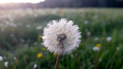 Dandelion seed head in meadow with mountain landscape