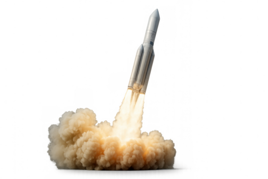 Space rocket launching from planet earth, creating a dramatic display of smoke and fire against a transparent background, symbolizing exploration