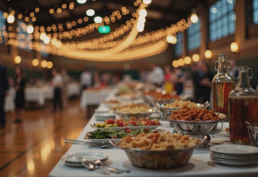 School gym beautifully decorated for a class reunion with a buffet setup