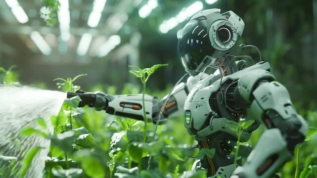 A humanoid robot tending to plants in a futuristic greenhouse. The robot has a sleek design with a metallic body and glowing elements. Green foliage surrounds it.