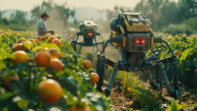 Two robotic harvesters working in a citrus field. A man in the background observes the technology. The scene highlights agricultural innovation and automation.