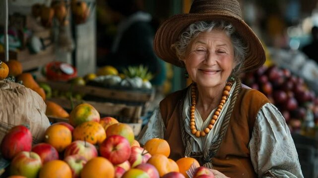 An elderly Caucasian woman with gray hair smiles at a fruit market. She wears a brown hat and a traditional outfit, surrounded by colorful apples and other fruits.