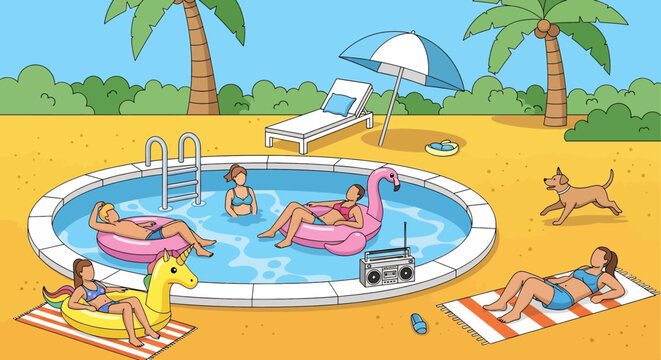Joyful flat vector illustration: Summer pool party scene with diverse people swimming, lounging, and enjoying refreshments under palm trees and a beach umbrella - Powered by Adobe