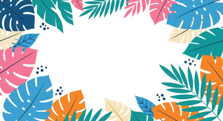 Vibrant flat vector illustration: A white background bordered by colorful tropical leaves in blues, oranges, pinks, and yellows with scattered dots. Perfect for summer themes