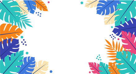 Vibrant flat vector illustration: A white background bordered by colorful tropical leaves in blues, oranges, pinks, and yellows with scattered dots. Perfect for summer themes