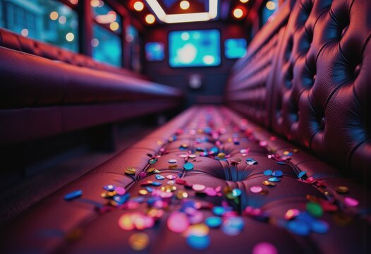 Prom afterparty bus interior with colorful confetti scattered on seats