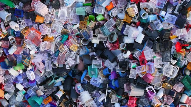 Pile of discarded plastic containers and household items in an open dump. Cinematic top view motion up showing the scale of the garbage