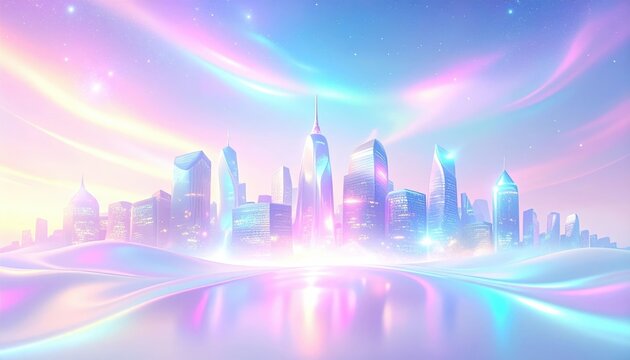 Pastel Cityscape With Glowing Skyscrapers And Icy Landscape