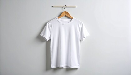 White T-Shirt On Wooden Hanger Against Light Gray Wall