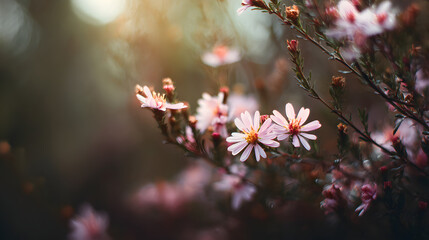 Summer foggy dark evening with blurred pale sunset and delicate flowers creating moody serene atmosphere
