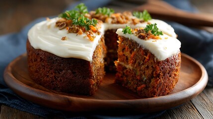 Carrot Cake with Cream Cheese Frosting on Wooden Plate