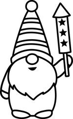 Patriotic American gnome cartoon with rocket.
USA Independence Day gnomes outline vector isolated.
Cute 4th of July gnome characters black line illustration design.
Transparent background. 