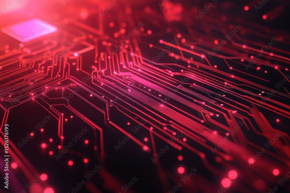 Poster isometric circuit background showcasing intricate patterns in red color reflecting advanced technolo