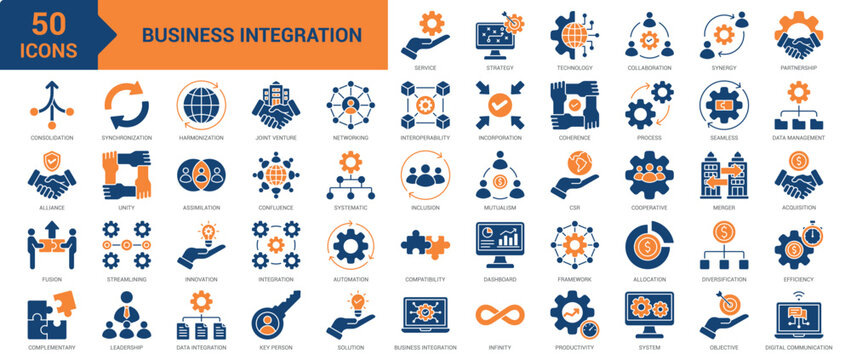 Business Integration icon collection set. Containing digital, technology, data, integration, business, system, management, synergy, service, productivity, synchronization icon. Simple flat vector