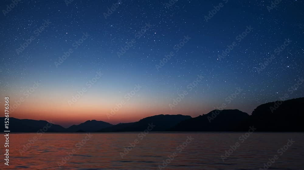 Wall mural a a movement of stars in the night sky with the view of mountains.