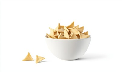 Triangle-shaped snacks in bowl, white background, food photography, for packaging