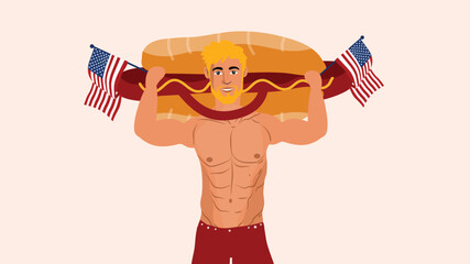 Cheerful muscular man lifting giant hotdog with two American flags in hands