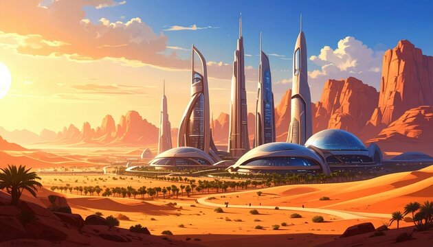 Pixel Art Futuristic City In Desert Sunset