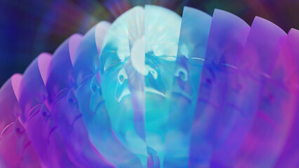 3D illustration. Multiple personality masks are revealed against the background of enlightenment	