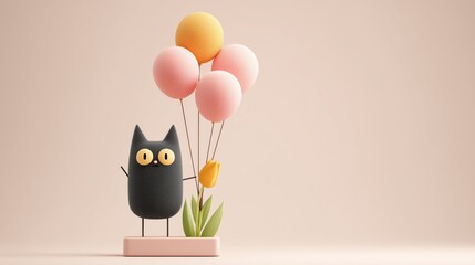 Playful cat holding colorful balloons and flower