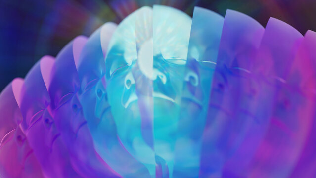 3D illustration. Multiple personality masks are revealed against the background of enlightenment	