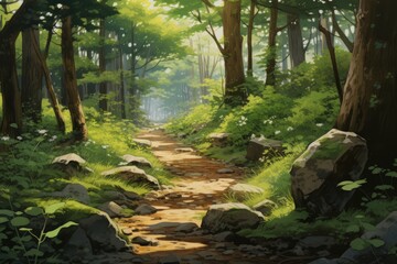 Fototapeta premium Explore serene forest trails surrounded by lush greenery and sunlight filtering through majestic trees on a peaceful nature walk