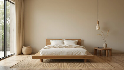 A minimalist living room with a beige wall, a low platform bed, a bamboo table, and a sisal rug.