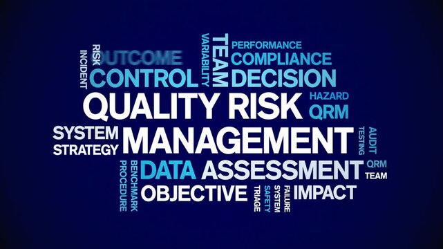 Quality Risk Management animated word cloud;text design animation tag kinetic typography seamless loop.