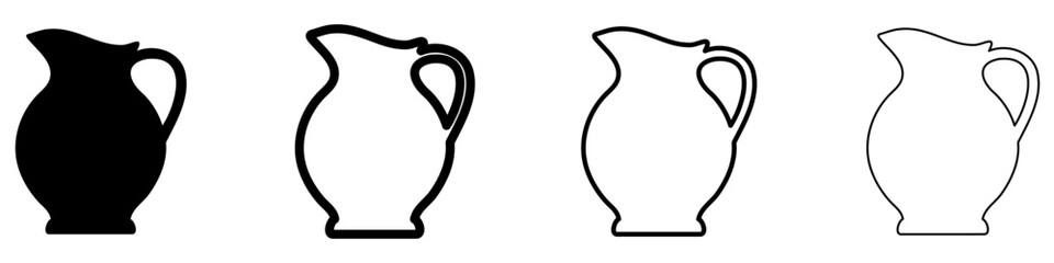 Set of black pitchers in various styles. Pitchers isolated on white background. Vector illustrations.