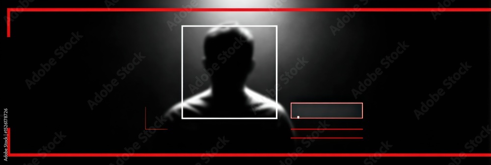 Poster fake identity profile displayed on monitor with warning label in a dimly lit room, illustrating cybe