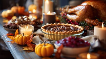 Thanksgiving Feast Table with Turkey, Pies, and Autumn Decorations in 4K Resolution