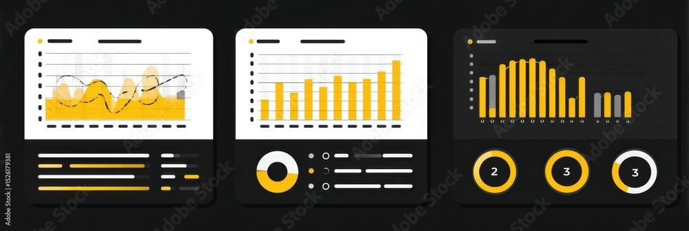 Aufkleber Dashboard Concept Infographic Showcasing Three Key Data Blocks, Bar and Donut Charts for Effective Data Visualization