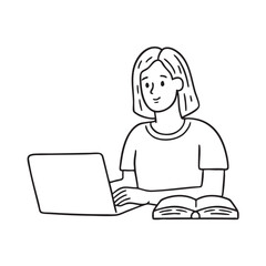 Woman student typing on laptop with an open book beside