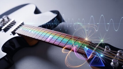 Electric guitar with geometric sound wave patterns and prisms