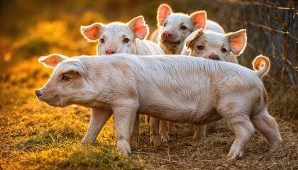 Adorable Playful Piglets Frolicking on a Rustic Farm, Lively Scene Showcasing Vibrant Colors and Whimsical Textures, Evoking Joy and Nostalgia. characters