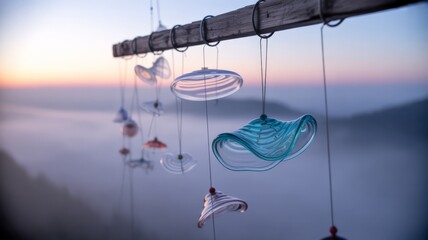 Decorative glass ornaments hanging on wooden rod at sunset