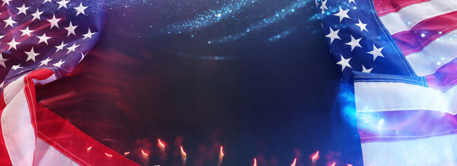 American flag with festive bright lights