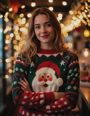 Guest wearing a festive ugly sweater at a holiday party