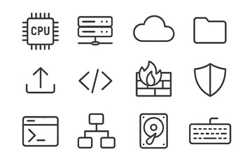 Set of technology icons: cpu, cloud, firewall, code, shield, hard drive, keyboard