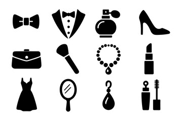 Elegant fashion icons: bowtie, dress, high heels, accessories, makeup essentials