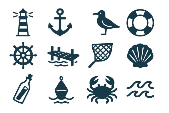 Nautical icons set: lighthouse, anchor, seagull, lifebuoy, and more