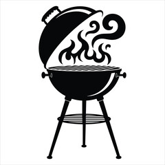 A clean, high-contrast black silhouette vector of a classic BBQ grill with three legs, a domed lid slightly open