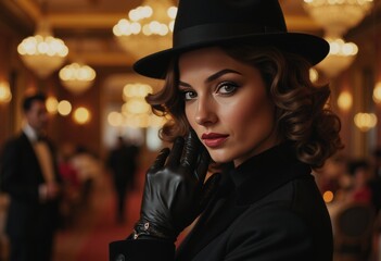 Elegant woman in a detective costume at a murder mystery party