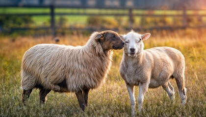 Fototapeta premium Laughing Ewe Amidst Blossoming Pasture A Charming Scene of a Playful Sheep Frolicking under Springtime Blooms, Bringing Joy to the Serene Countryside Meadow.