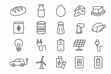 Outline icons of food ingredients and energy symbols