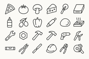 Assorted food and tool line icons featuring pizza, cheese, and hammer